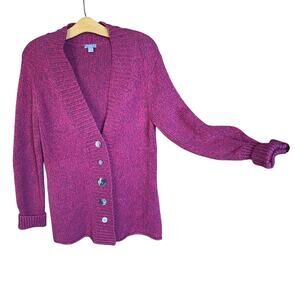 J. Jill Women's marled Cardigan Sweater unique buttons medium cozy cotton wine
